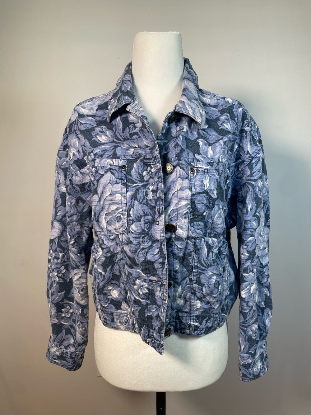 Floral Print Blue Denim Jacket Button Up Vintage